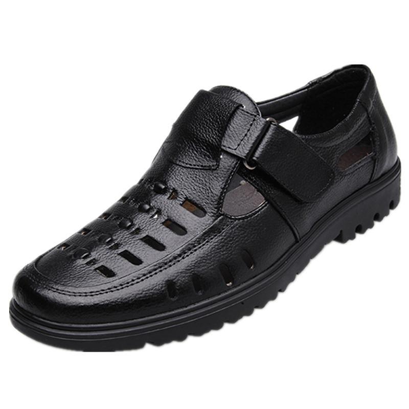 High Quality Genuine Leather Men Summer Sandals Men Casual Shoes Hook & Loop Breathable Middle-aged Footwear Hollow Men Sandals
