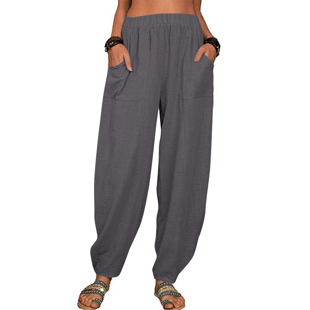 Женские летние брюки без застежки, повседневные свободные хлопковые и льняные однотонные пляжные брюки с высокой талией, зауженные брюки с карманами