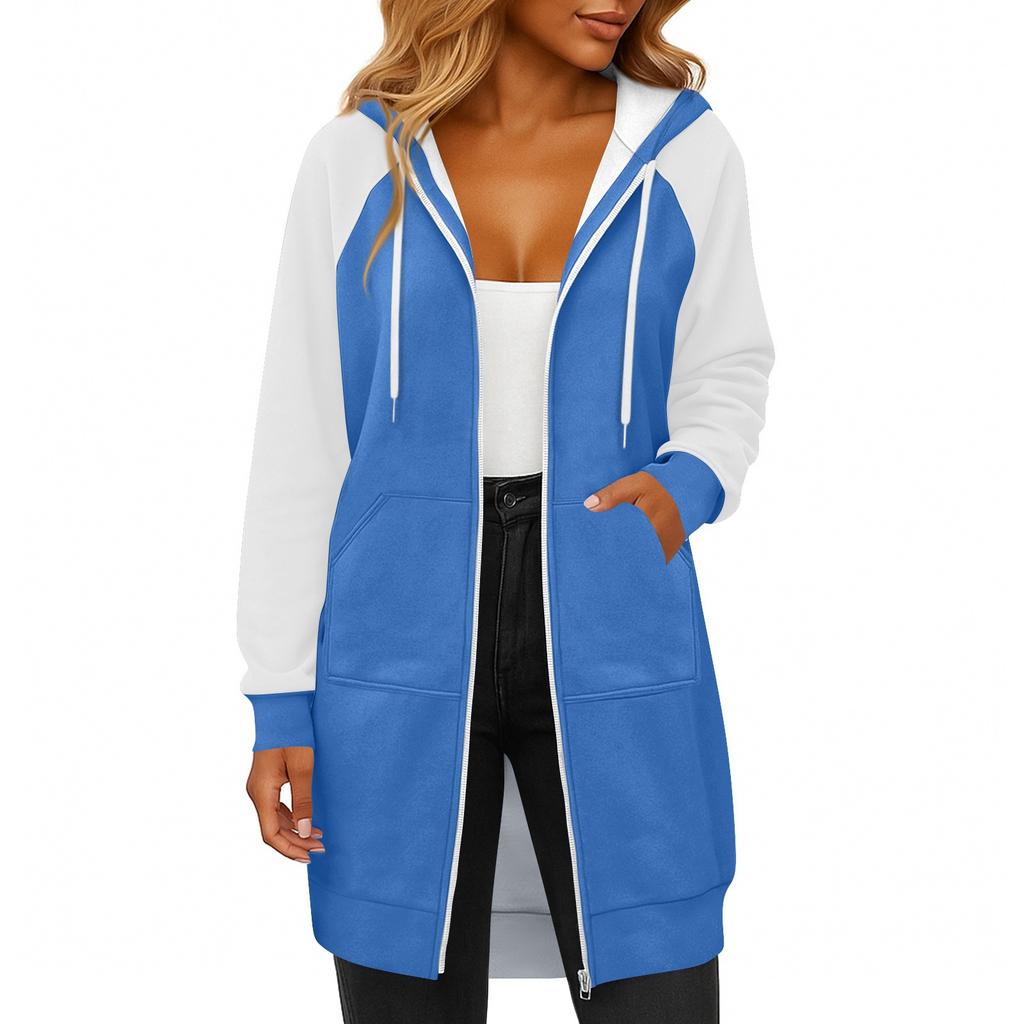 Women's Fashionable Color Blocked Long Sleeved Drawstring Hooded Zipper Pocket Long Casual Sweatshirt Jacket