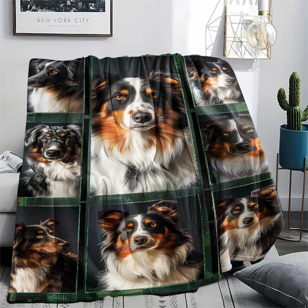 1Pc Border Collie Retriever Print Flannel Blanket, High quality Comfortable for All Seasons, Home Decor, Warmth and Comfort, Perfect for Gifts