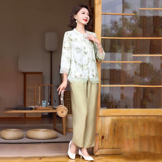 2 шт./компл. женский костюм в стиле ретро в китайском стиле плюс размер воротник-стойка с цветочным принтом и половиной рукава в стиле пэчворк, сетчатый топ с эластичной резинкой на талии и широкие брюки, комплект