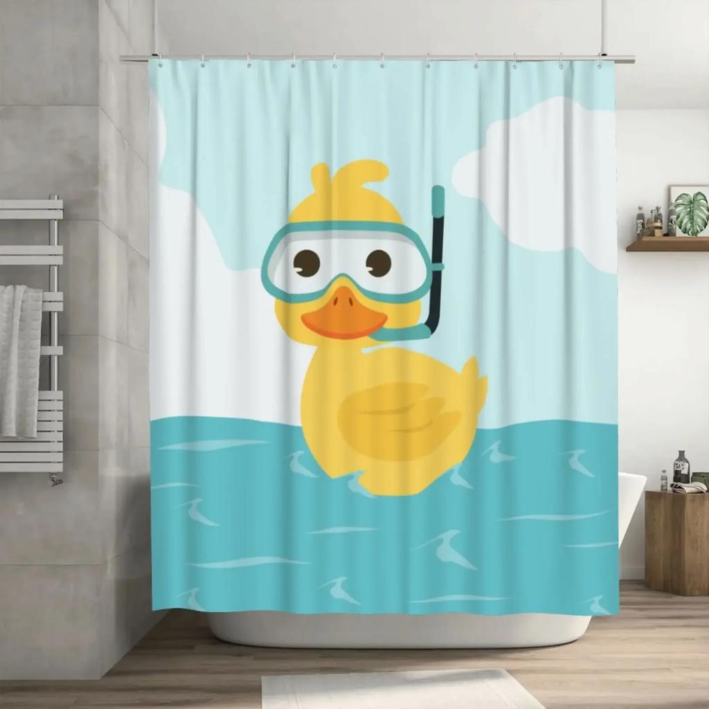 Duck Shower Curtain Cartoon Character Taking A Bath Colorful Drops Backdrop Dots,Cloth Fabric Bathroom Curtains with Hooks