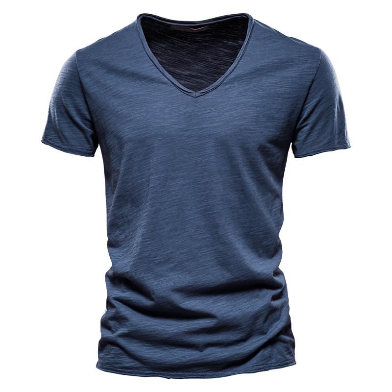 Summer Men Top Tee Solid Color Bamboo Cotton V-neck Short Sleeve T-shirt Pure Cotton Men's Clothing