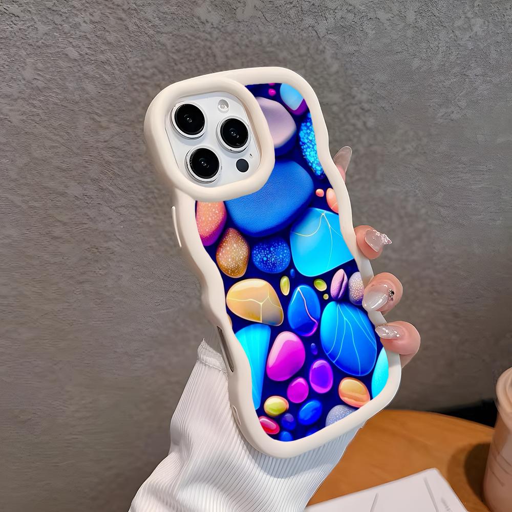 Эстетичный Чехол для Телефона со Камнями для iPhone 17 16 15 14 13 12 11 Air Pro Max Plus Волнистый Край ТПУ Цветной Чехол Роскошный Чехол