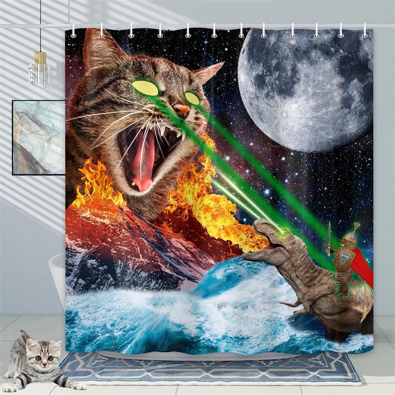 Funny Cat Riding Dinosaur Shower Curtain Cute Animal Surfboard Sea Waves Japanese Landscape Kids Bath Curtains Bathroom Decor