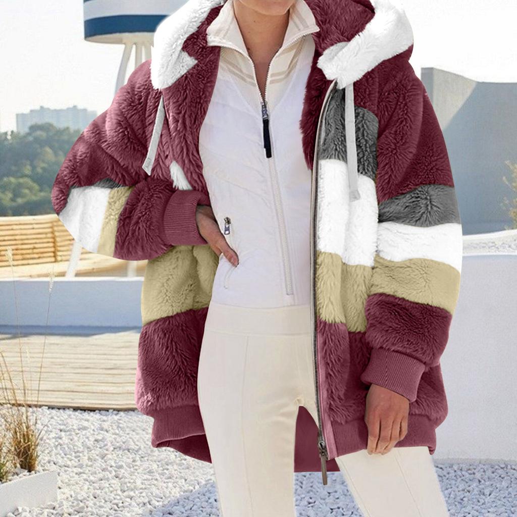 Women's Fashionable Plush Patchwork Zipper Pocket Hooded Long Sleeved Loose Warm Jacket