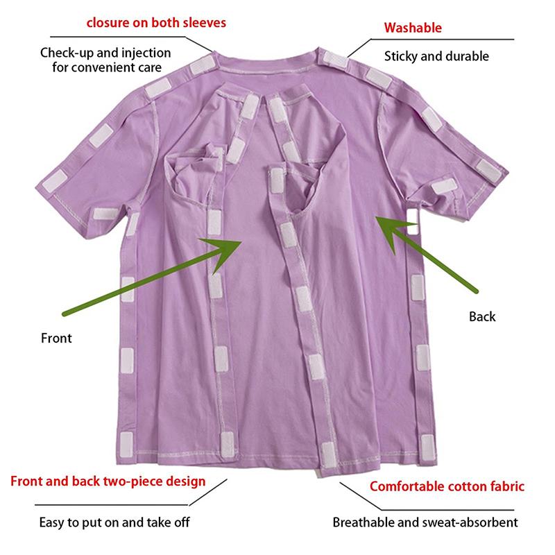 Женская футболка для послеоперационного ухода с открытым верхом, легко надевается и снимается.