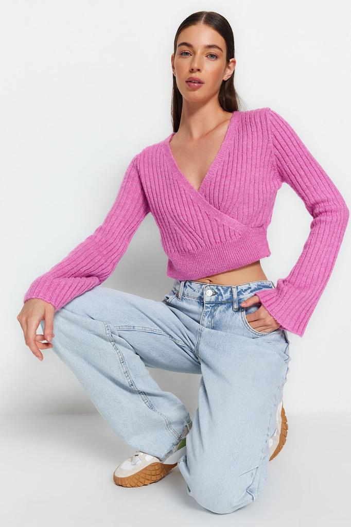 Women's Elegance Style Sweater Stone Crop Soft Textured Double Breasted Knitwear Sweater