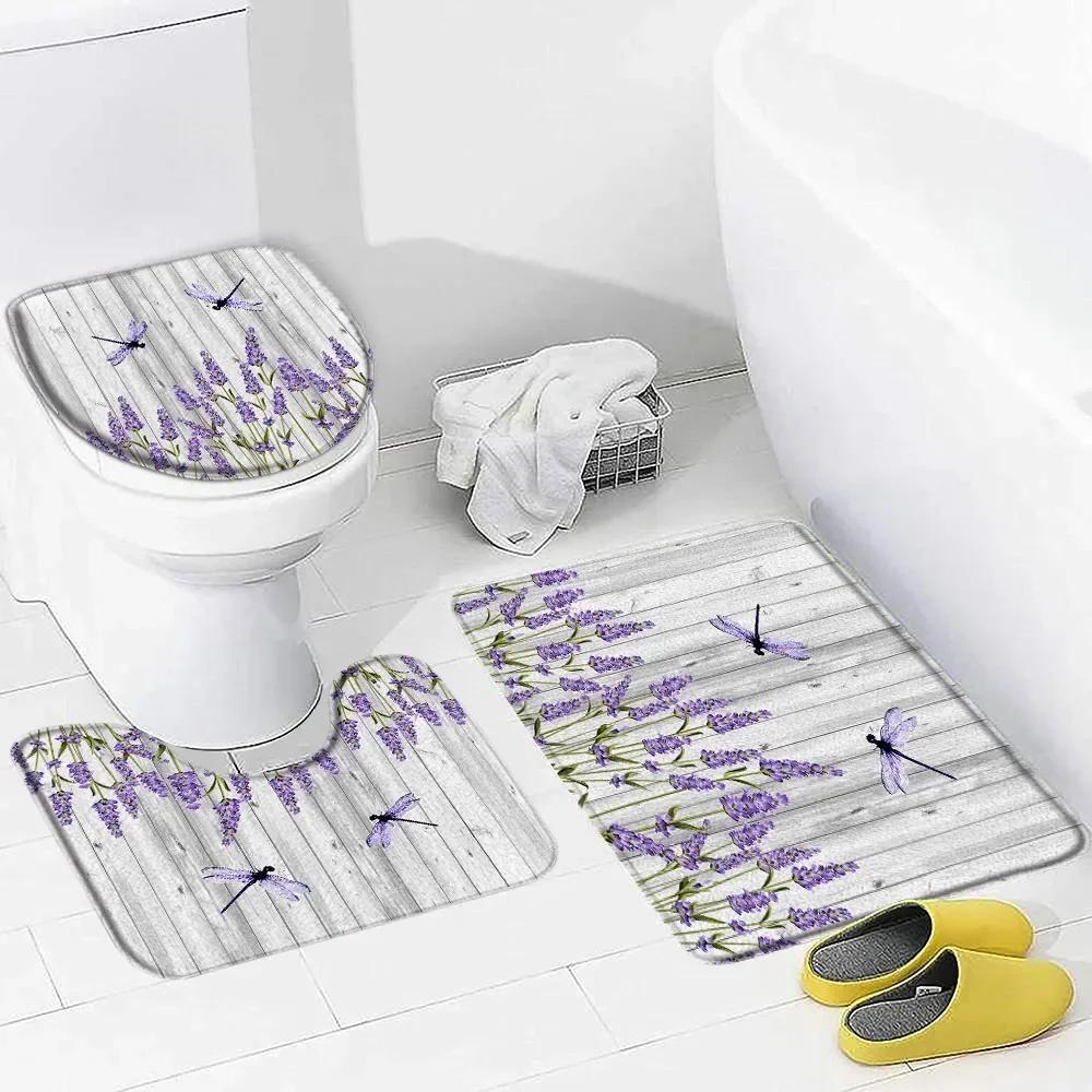 Purple Lavender Bath Mat Set Nature Flowers Plants Butterfly Modern Home Carpet Bathroom Decor Non-Slip Rugs Toilet Lid Cover