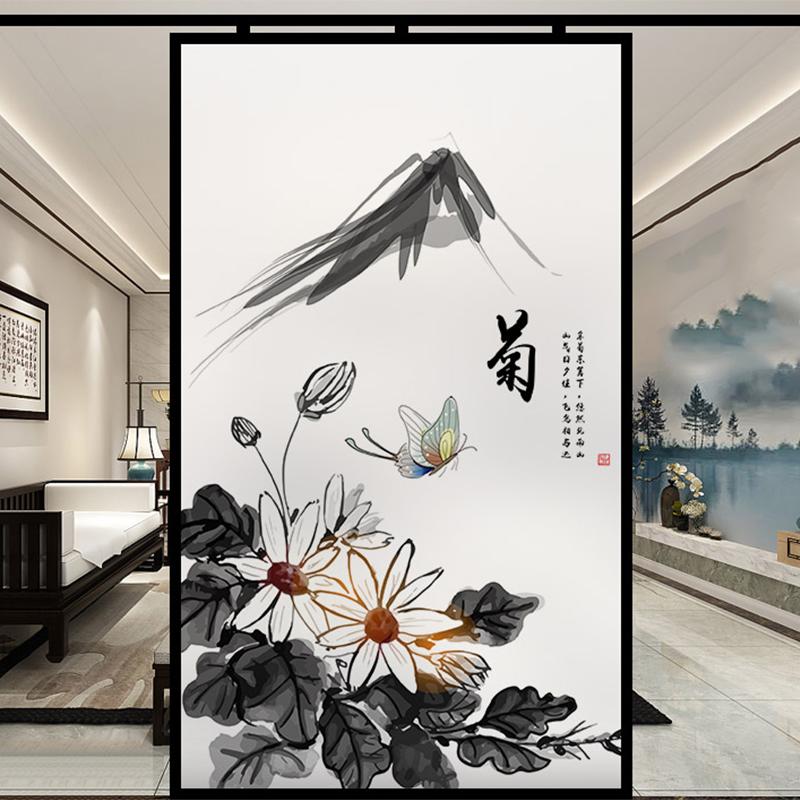 Chinese Ink Bamboo Orchid Flower Painting Glass Film Privacy Windows Film Static Cling Home Decor Stained Window Stickers
