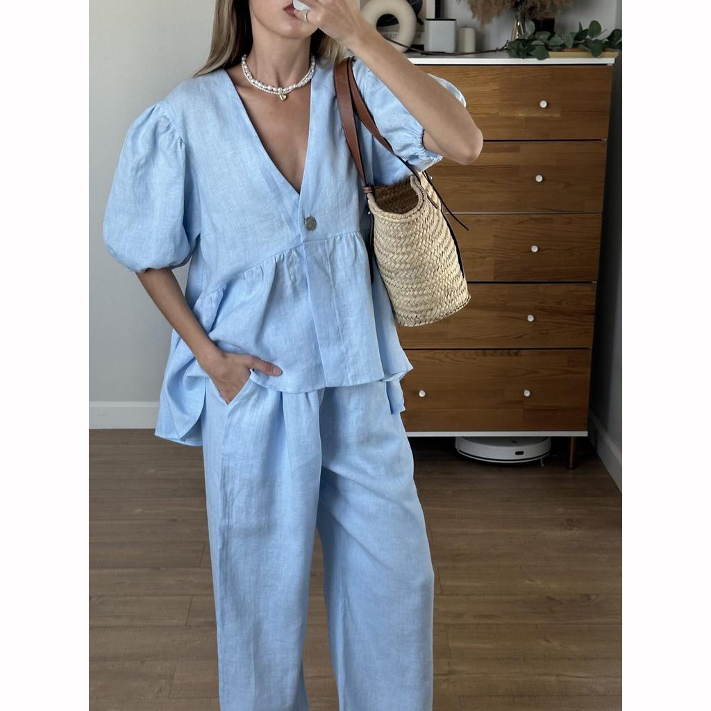 Women Spring Summer Holiday Pant Set Suits Cotton Solid Outfits V Neck Two Piece Matching Set Women