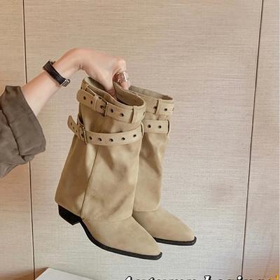 Версия из коровьей кожи~ Датские брючные ботинки с острым носком и пряжкой, 6 см толстый каблук, пустынные ковбойские ботинки на наборном каблуке, короткие ботинки, женские вестерн-ботинки