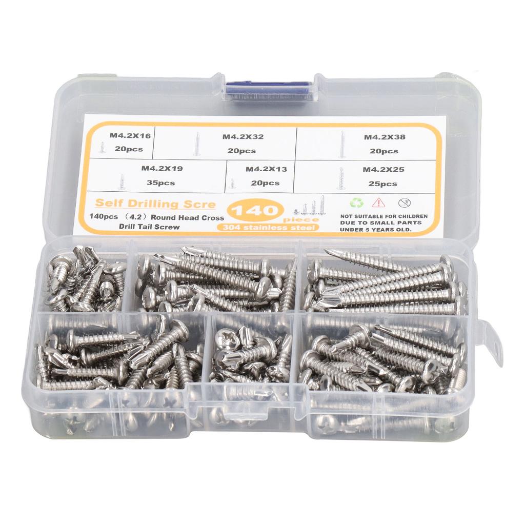 140PCS M4.2 Round Head Cross Screw Assortment Deep Thread 410 Stainless Steel Self Drilling Screws