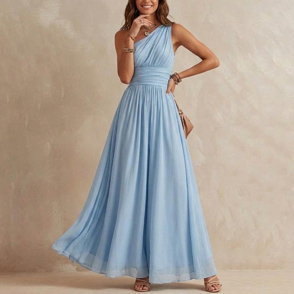 Women S Summer Solid Color One Shoulder Sleeveless Fitted Long Dress