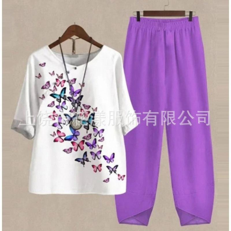 1116 new women's clothing, casual round neck five-quarter sleeve top, digital printing women's two-piece suit