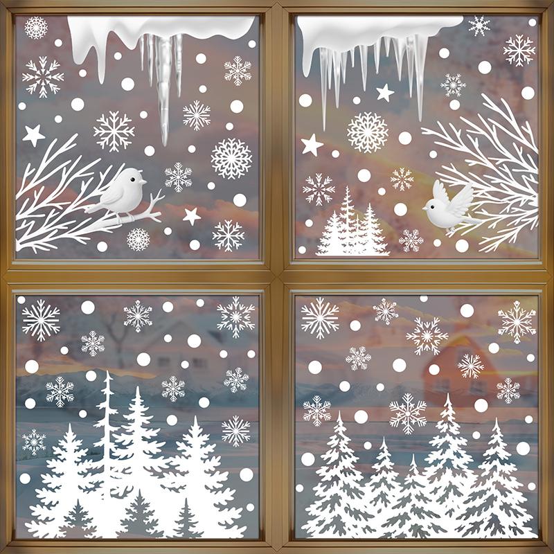 Christmas Decorations, White Snowflakes, Snowmen, Static Cling Stickers, Shop Window Decorations, Glass Stickers