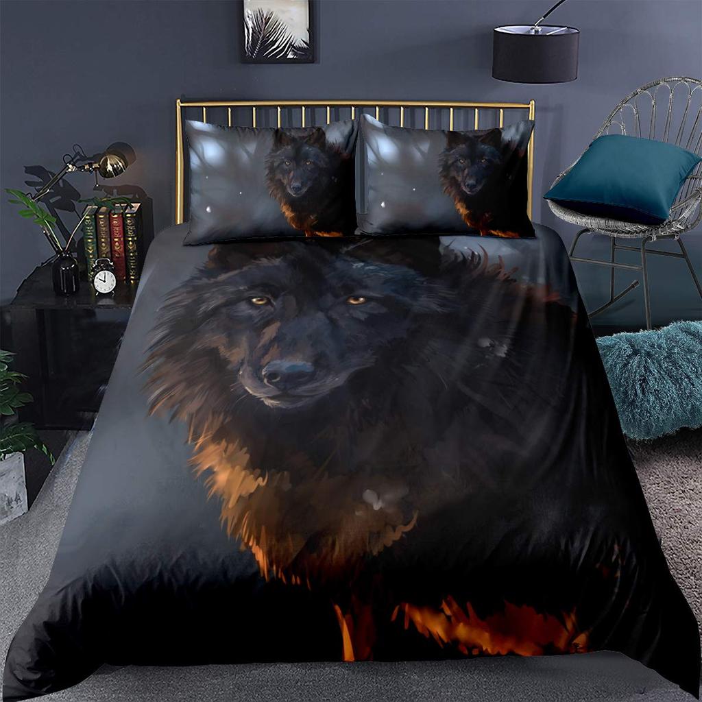 Animal Duvet Cover Set Exotic Style Boys 3D Animal Printed Bedding Set Black Wolf Double Queen King Size Polyester Qulit Cover