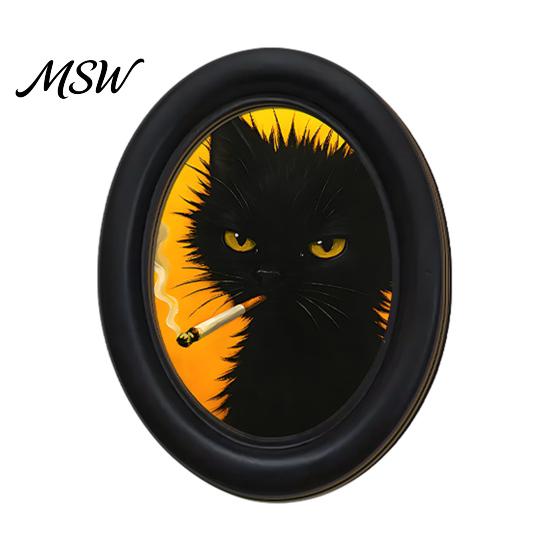 Boho Retro Housewarming Gift Halloween Wooden Hanging Sign, Vintage Oval Black Cat Ghost Small Decorative Picture Frame Wall Art Decor, Dark