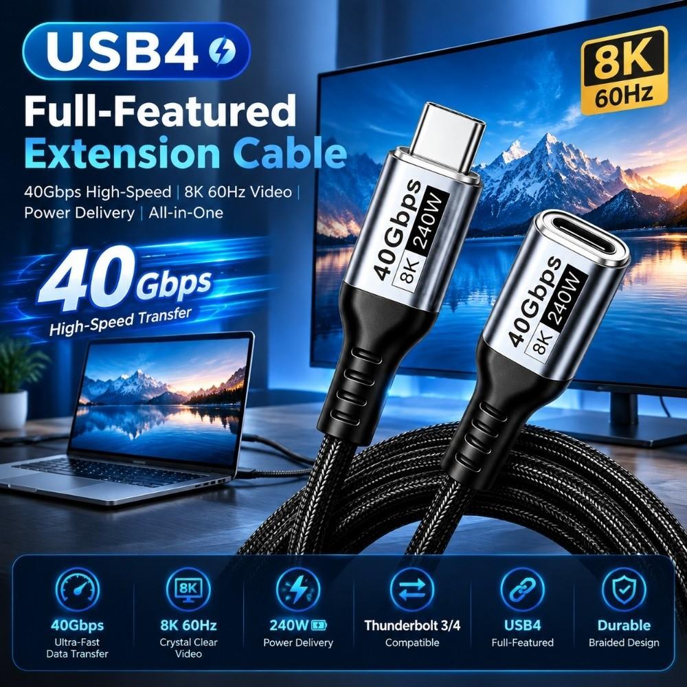 40Gbps USB4 Extension Cable 240W PD Type-C Extender USB-C Extension Cord Laptop Connection
