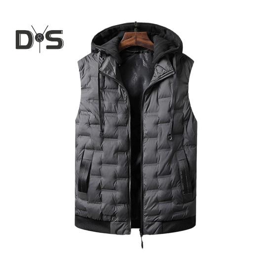 Men Cotton Vest with Removable Hood Drawstring Decoration Sleeveless Waistcoat Solid Color Zipper Placket Vest Coat