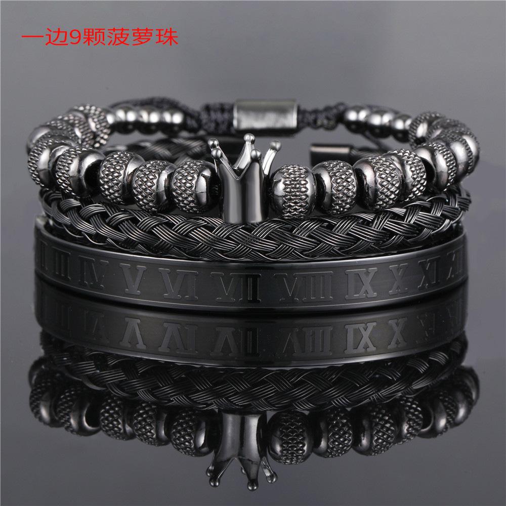European and American retro crown woven bracelet, Roman letter stainless steel mesh open bracelet set three pieces men