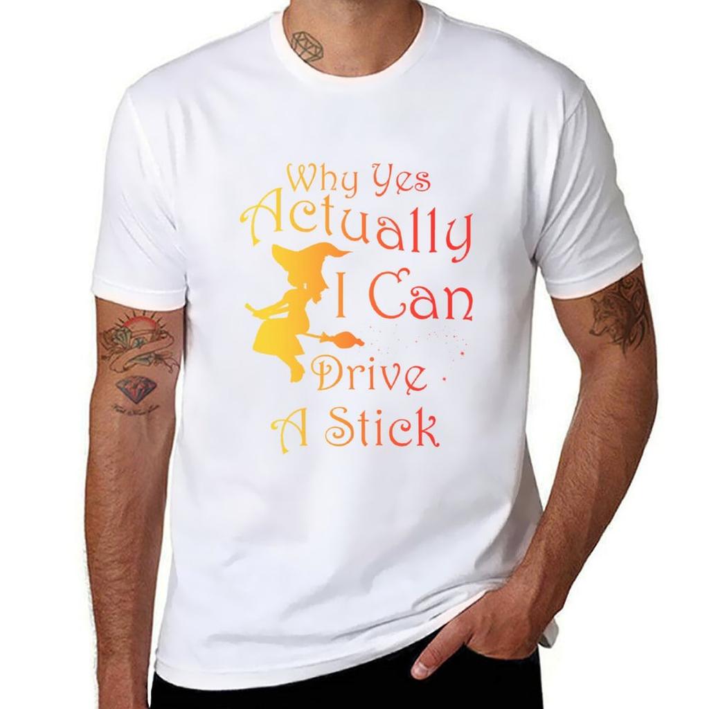 Why Yes I Can Drive A Stickwomen Funny Halloween Witch Sarcastic Cute Tshirt Minimalist Plain Crew Neck Tshirt