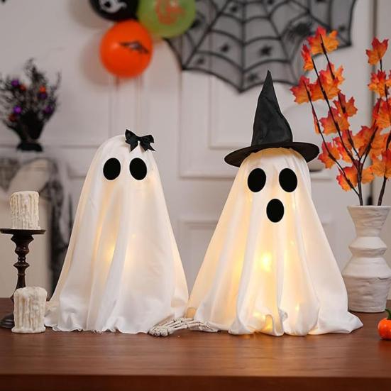 Light Up Halloween Ghost Decoration Scary Lighted White Cloth Ghost Spooky Tabletop Ornament for Indoor Home Mantel Shelf Decor