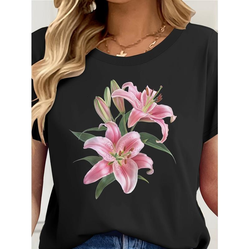 Европейские размеры Женская футболка с элегантным цветочным принтом - Черная повседневная футболка с коротким рукавом с розовыми лилиями и зелеными листьями