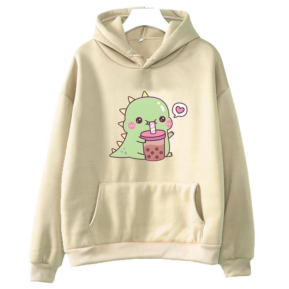 Kawaii/милый Boba Tea Dinosaur Hoodies Women/Men Casual Hoody Winter Fleece Clothing Long Sleeve Korean Esthetic Pullover