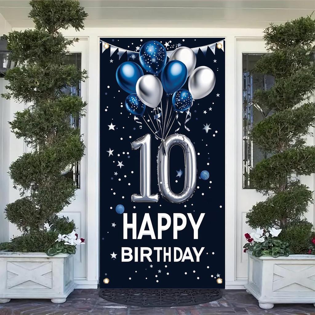 10th Birthday Door Cover Decoration 71 x 35 Inch Blue and Silver Balloon Banner for Tenth Birthday Party Supplies Happy 10 Years Old Photo Booth