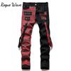 RogueWave New Fashion Red Plaid Patchwork Punk Zipper Men Pencil Jeans Trousers Y2K Buckle Hip Hop Gothic Slim Denim Pants Pantaloni Uomo