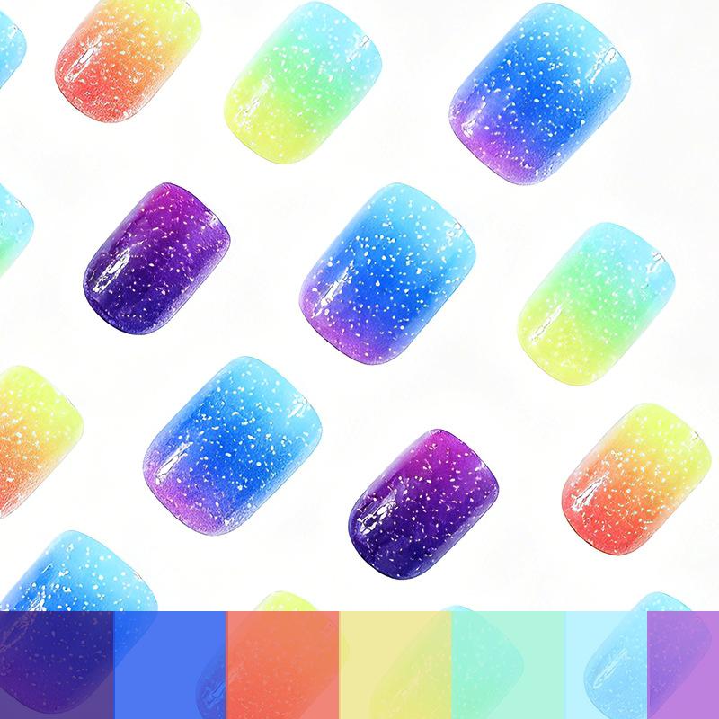 24 pieces, hot-selling manicure, high-fashion dopamine color gradual change design, short square wearing armor wholesale