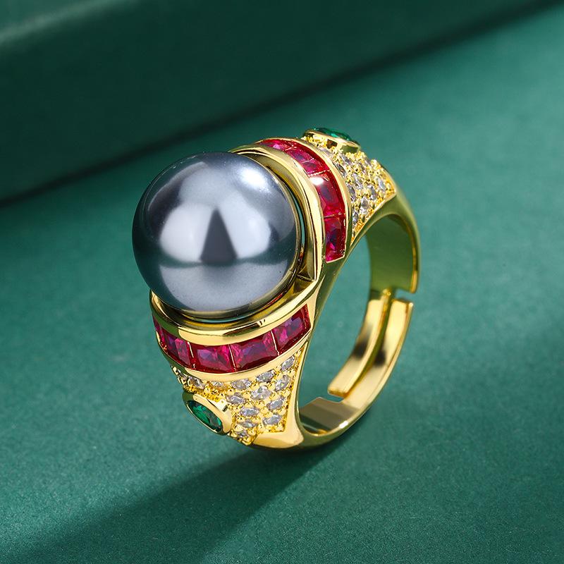 Позолоченное легкое роскошное кольцо на указательный палец с ракушками, кольцо с эмалированным цирконием и жемчугом, кольцо с серым таитянским жемчугом.