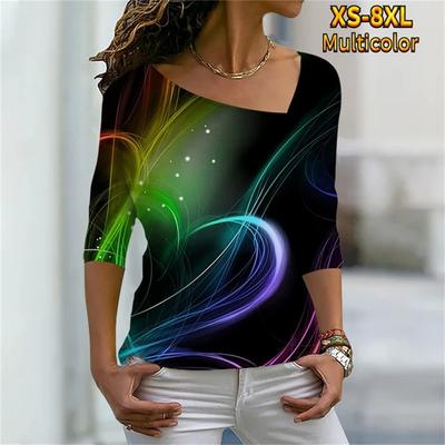 Сексуальная диагональная воротник-стойка универсальная повседневная цветочная цифровая печать забавная модная женская футболка повседневная с длинным рукавом женская удобная