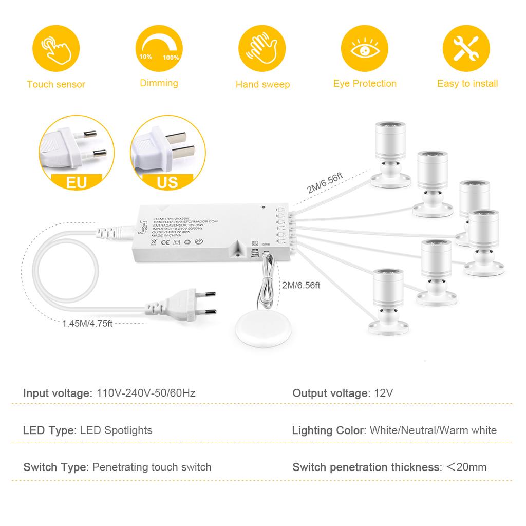 Коллекционный витринный шкаф Подполочные светодиодные точечные светильники с сенсорным диммируемым выключателем для вина, ювелирных изделий, игрушек, декоративное освещение