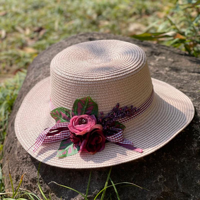 Flat top straw hat women's summer outdoor sunscreen sun hat new seaside vacation handmade flower beach hat