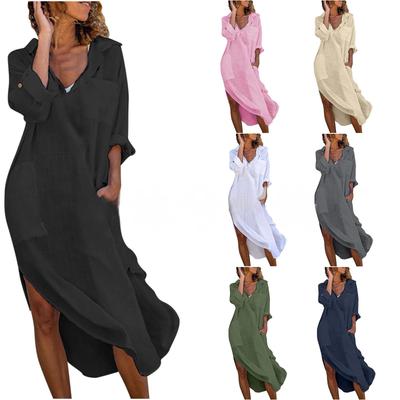 Женское длинное платье-рубашка из хлопка и льна на пуговицах 2024 года — однотонное, с разрезом, свободное, дышащее, повседневный стиль