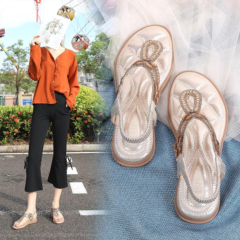 Сандалии на плоской подошве со стразами, большой размер, плоский каблук, выдолбленный, бохо, удобные женские туфли, лето