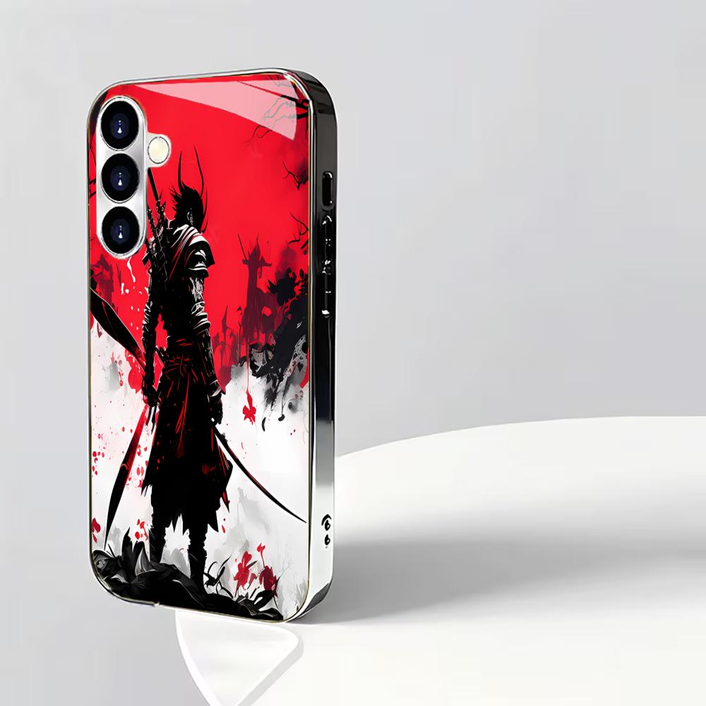 Japanese Samurai Pattern Silver-Plated Glass Shockproof Phone Case For Samsung Galaxy S26/S25/S24/S23/S22 Ultra Plus/Fe