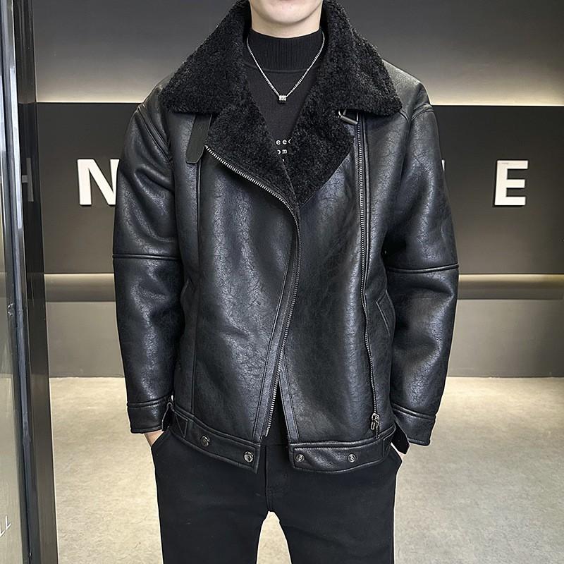 Mens Winter PU Leather Jacket With Faux Fur Lining Loose Fit Casual Outerwear Urban Style