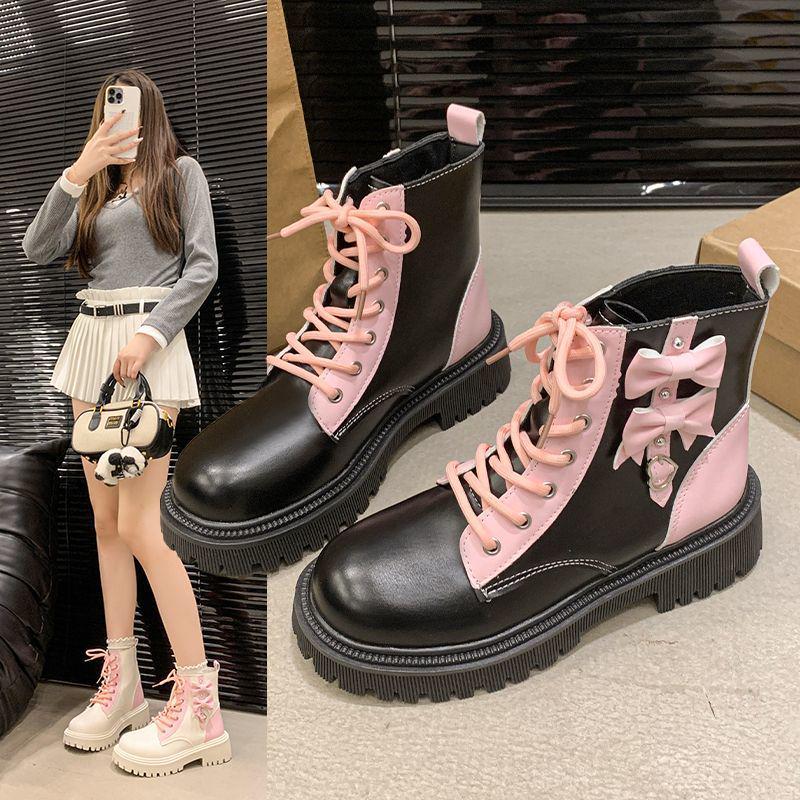Женские розовые ботинки Мартина с бантом и сердцем - Модные ботильоны на платформе 2025 для весны и осени