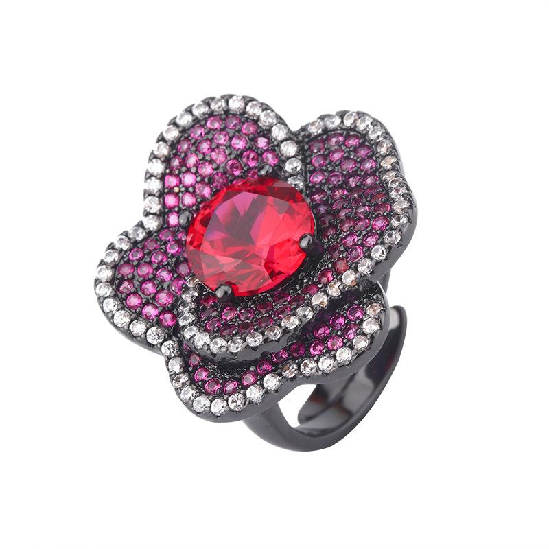 Jewelry Copper Bottom Gold-Plated Simulation Red Corundum Flower Black Gold Suit Female 10-8Mm