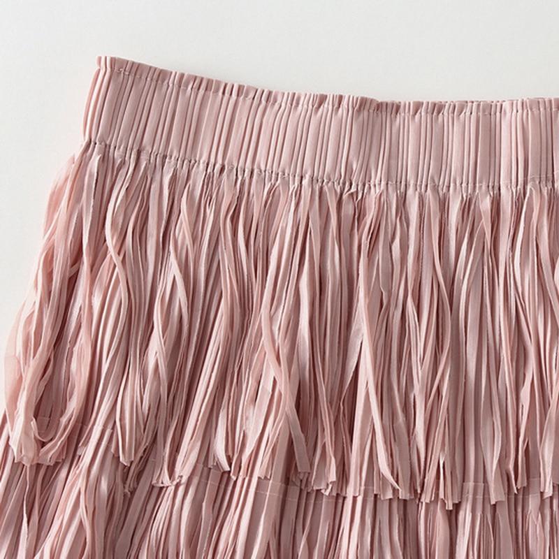 Qooth Женская плиссированная юбка с кисточками, элегантная эластичная талия, универсальная длинная юбка трапециевидной формы на весну и лето QT2140