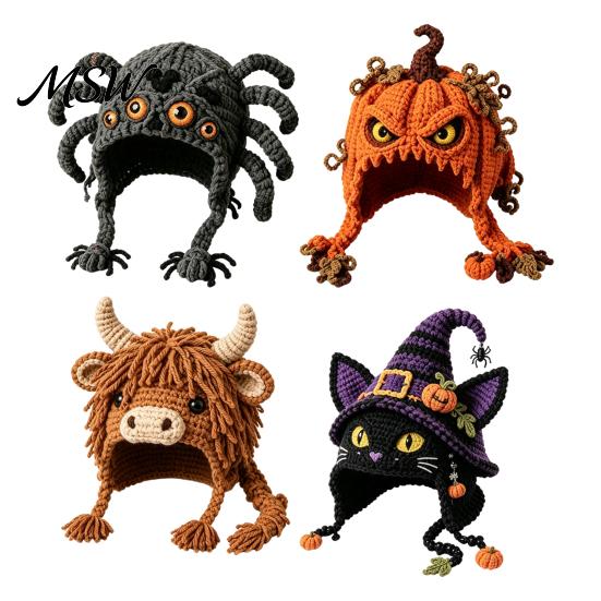 Cute Animal Hat Pattern Highland Cow Crochet Kit, Halloween Pumpkin Spider Hood Stress Relief Craft Activity DIY Handmade Kit for Adults Teens Winter
