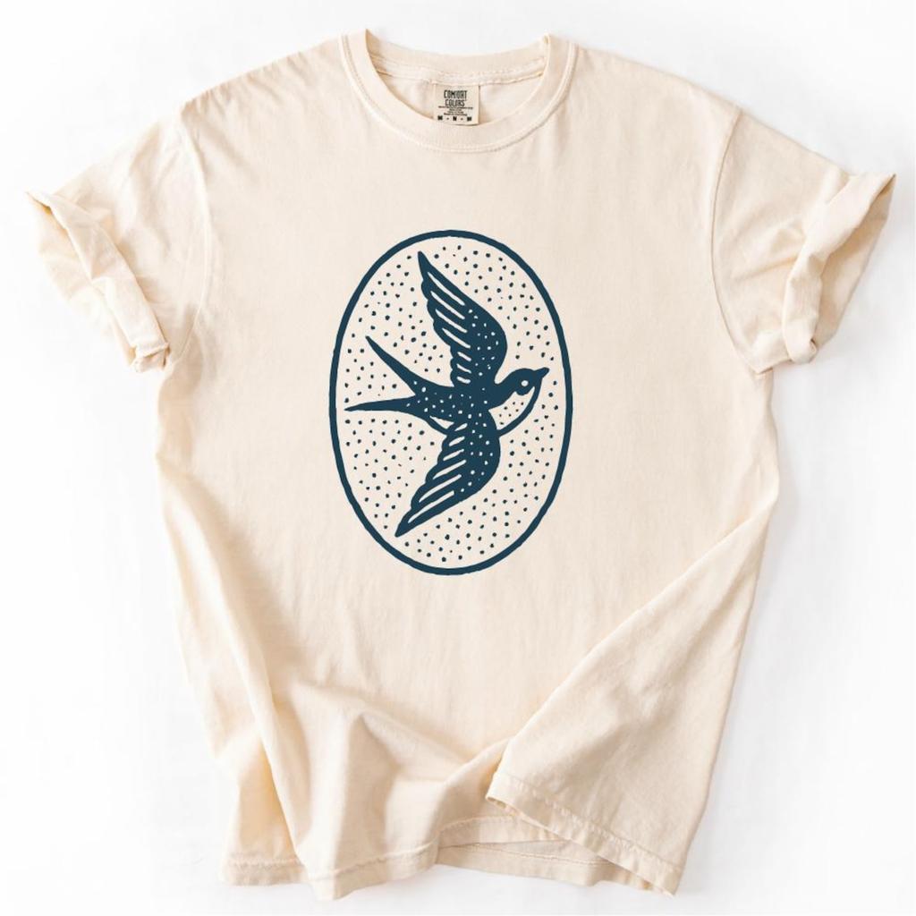 Folk Art Swallow Bird T-Shirt | Hand-Drawn Rustic Bird Design