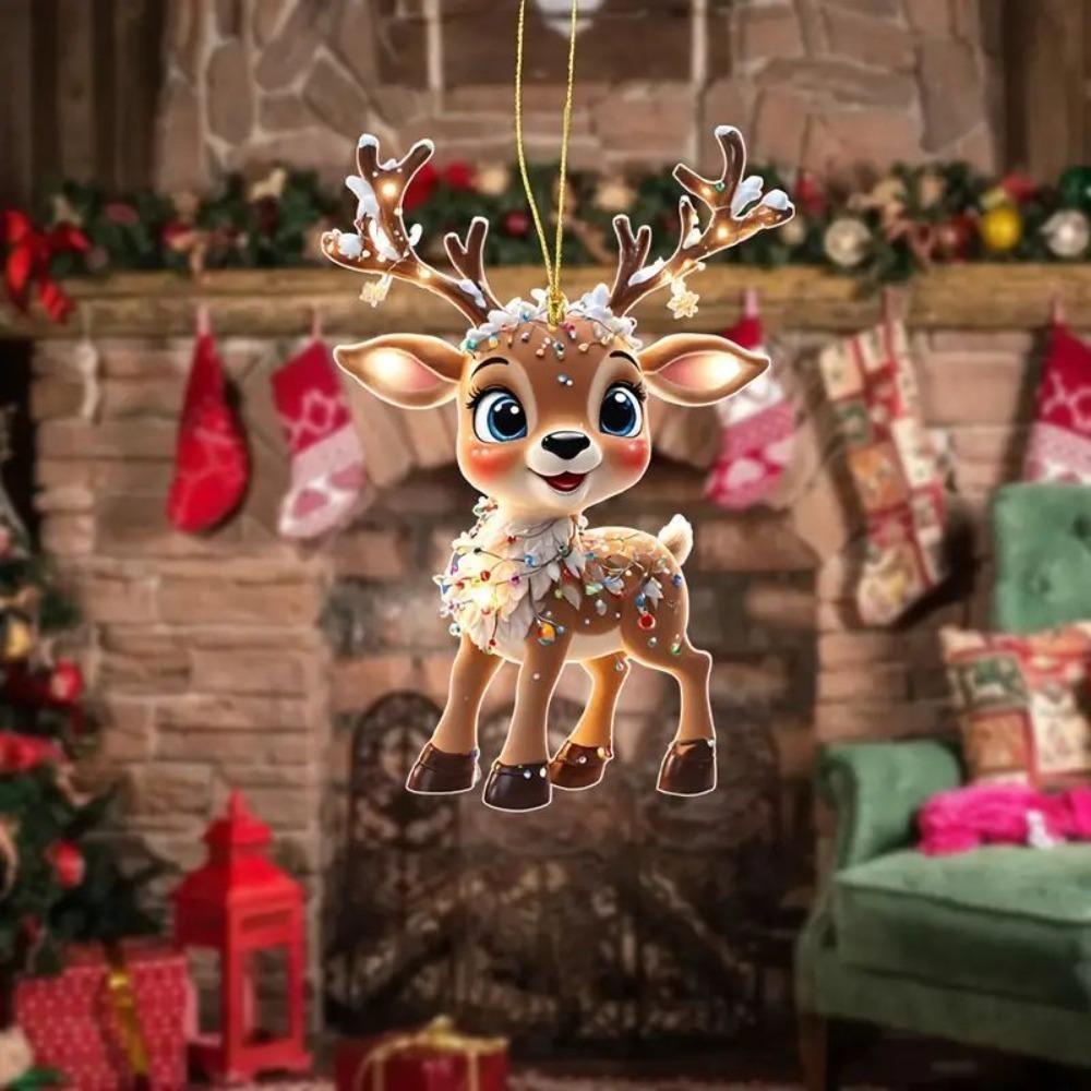 Christmas Reindeer Decorations 2D Flat Acrylic Cute Elk Christmas Tree Pendant Car Rearview Mirror Hanging Xmas Tree Home Decor