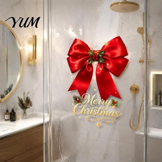 Seasonal Home Decoration Christmas Bow Window Sticker, Red Static Cling, Waterproof Holiday Glass Clings Removable PVC Decal for Windows Doors Decals