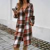 Women Spring Fall Coat with Hood Plaid Printing Loose Mid Length Long