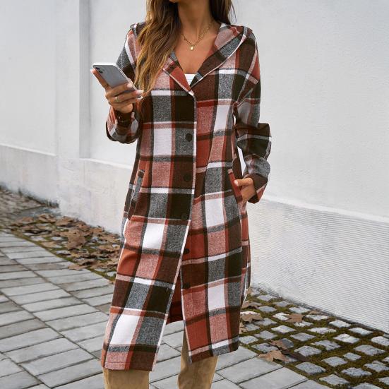 Women Spring Fall Coat with Hood Plaid Printing Loose Mid Length Long