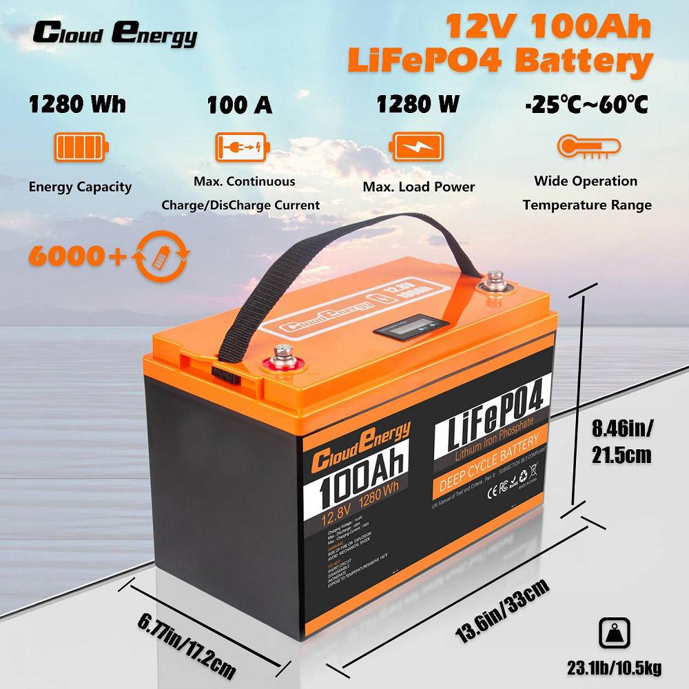Cloudenergy 12V 100Ah LiFePO4 Battery Pack, 1280Wh Energy, 6000+ Cycles, Built-in 100A BMS, Support Series/Parallel, for Backup Power